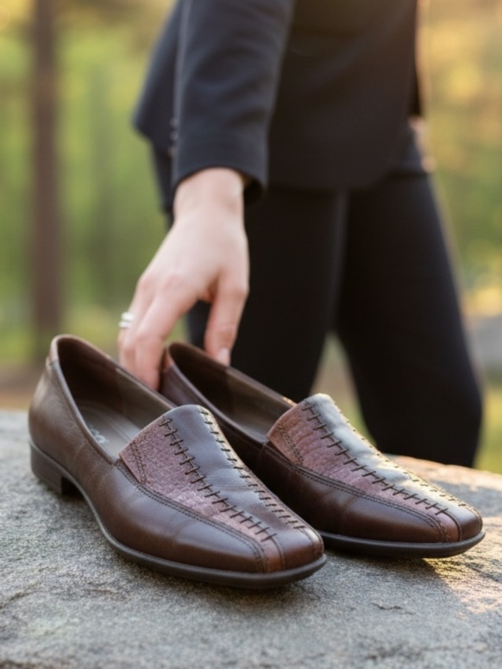 ECCO Brown Leather & Croc Embossed Slip-On Loafers Size 38
